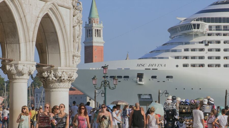 A cruise ship docked near Saint Mark's Square.