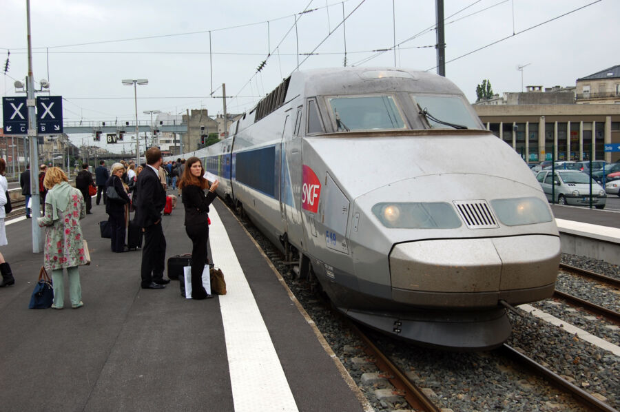 A high-speed train waiting at the station.