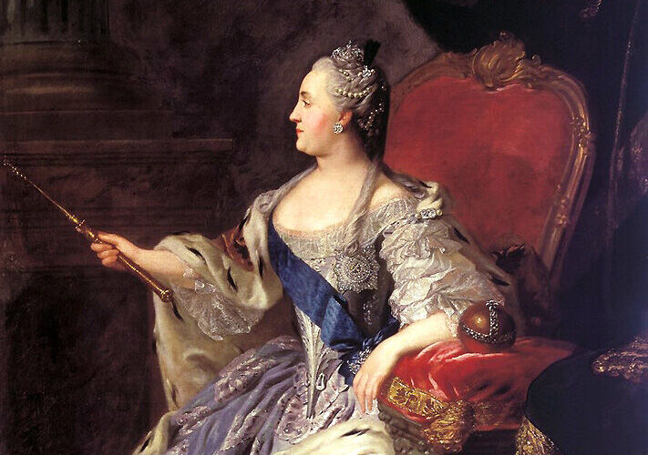 A portrait of Catherine the Great sitting on a throne