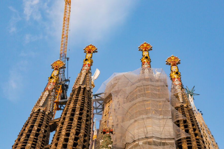 Top of Sagrada Família, covered in scaffolding.