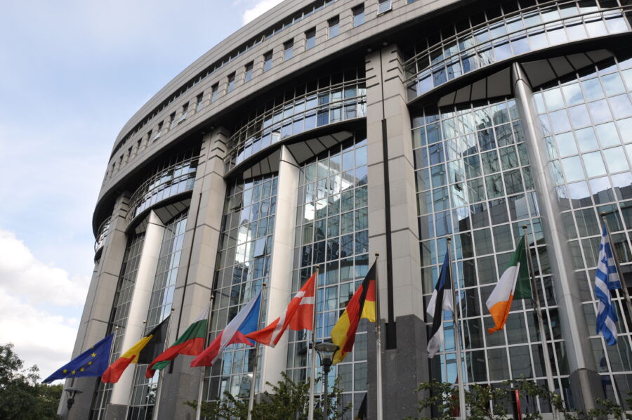 The outside of the European Parliament building in Brussels.