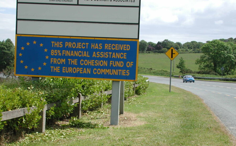 A sign tells drivers that this freeway exists thanks to EU funds.