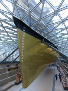 The glass building surrounding the recently renovated Cutty Sark in Greenwich allows visitors to walk directly below the ship, which has been raised 11 feet above her dry dock. (photo: Gretchen Strauch)